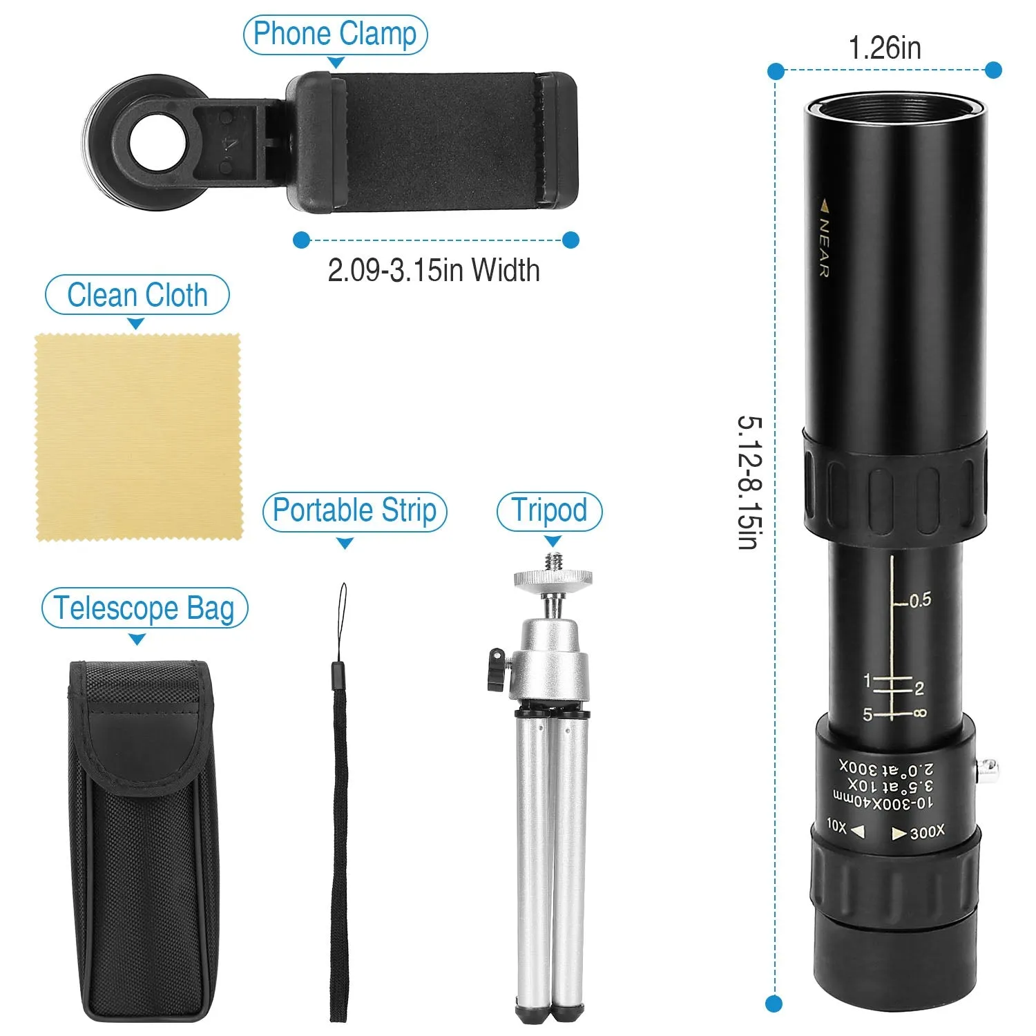 10X-300X Zoom Monocular Telescope High Definition Phone Telephoto Lens