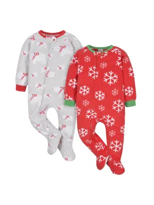 2-Pack Fleece Zip Footies, Snowflakes & Bears