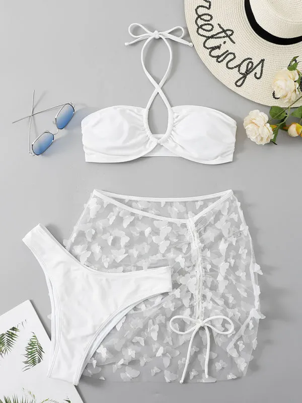 3 Piece Halter Bikini Swimwear with Sheer Beach Sarong