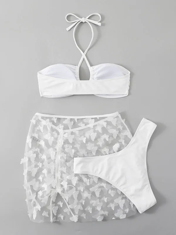 3 Piece Halter Bikini Swimwear with Sheer Beach Sarong