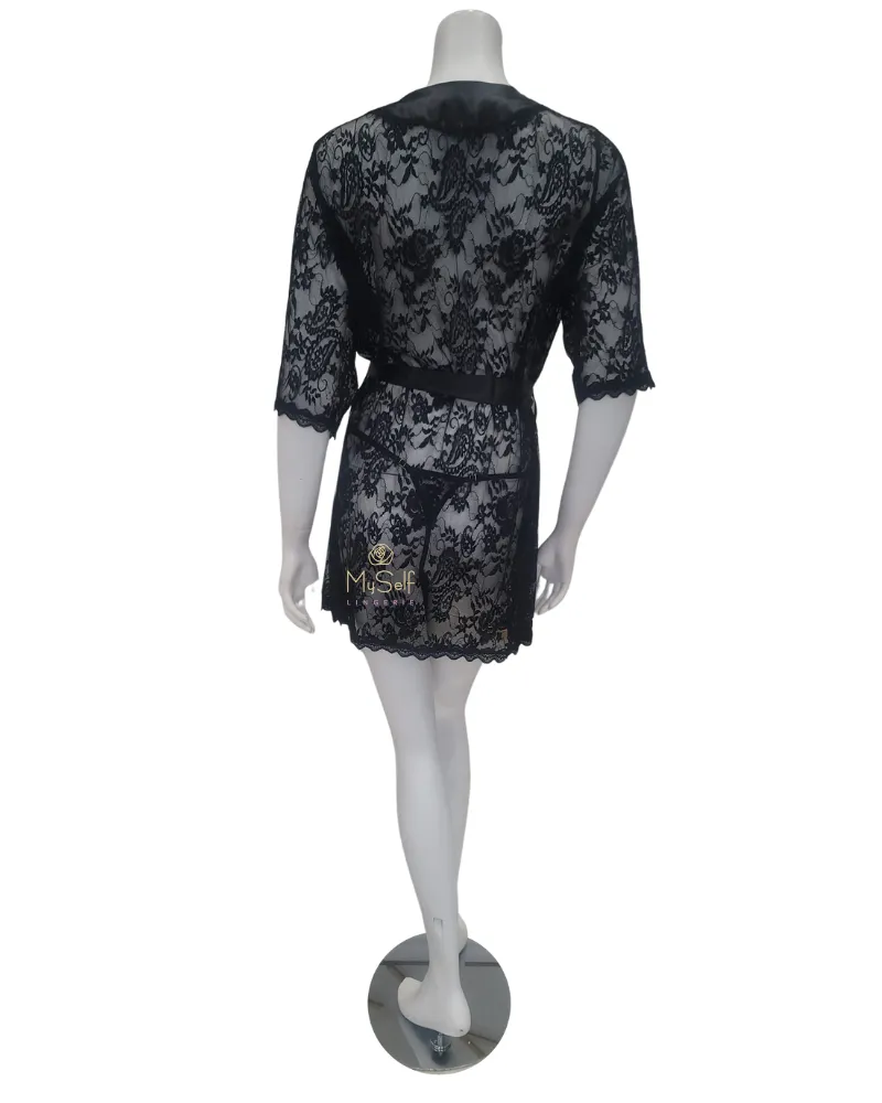 7115X Black Lace & Satin Plus Size Wrap Robe w/ Matching G-String