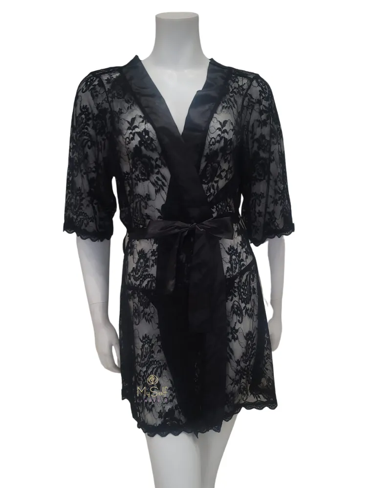 7115X Black Lace & Satin Plus Size Wrap Robe w/ Matching G-String