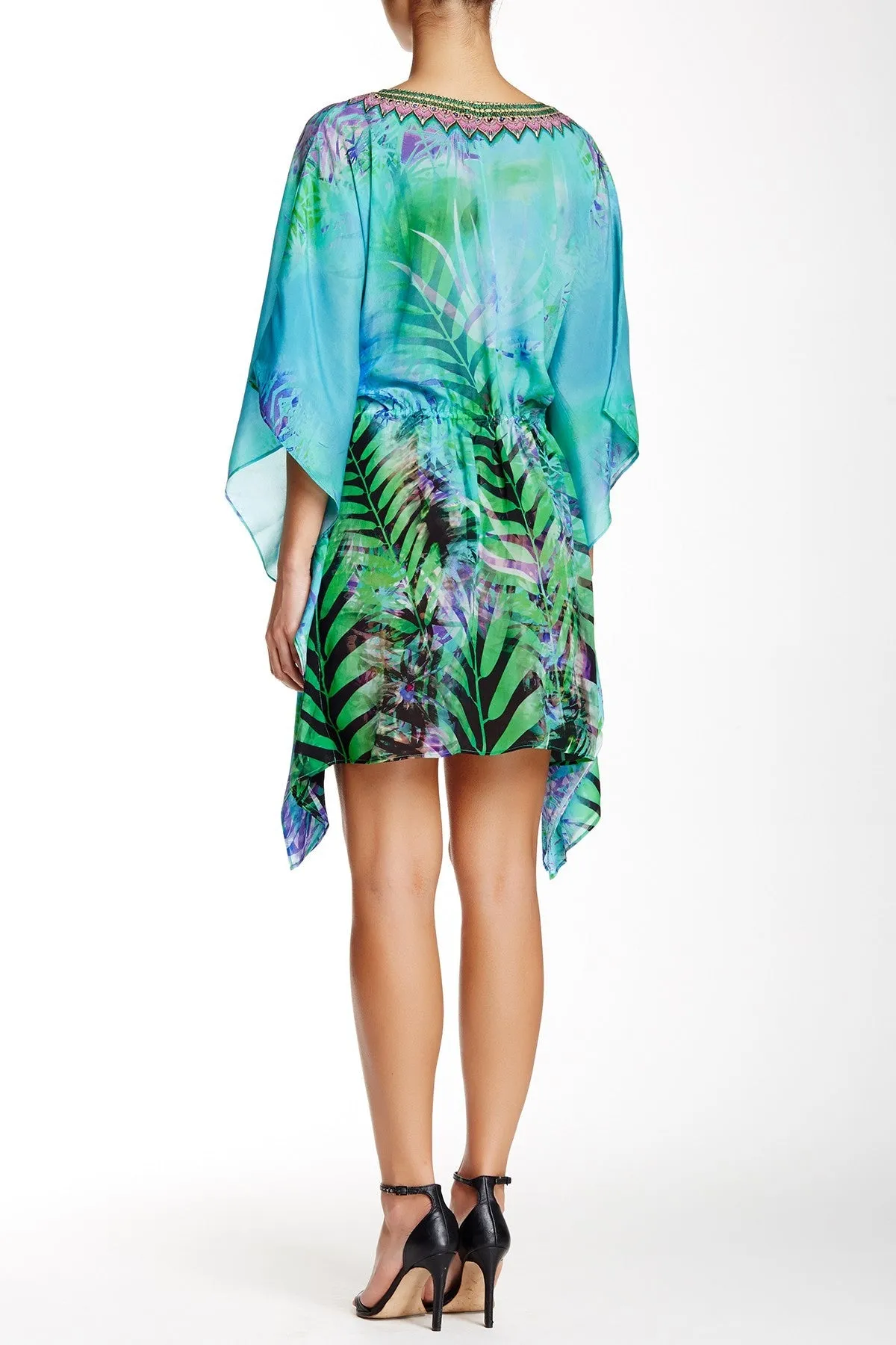 Aqua Green Palm Print Short Kaftan