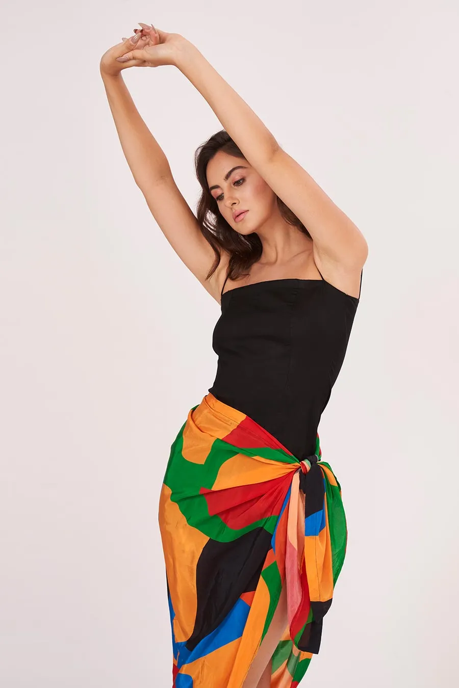 Black Strappy Dress With Printed Skirt Set
