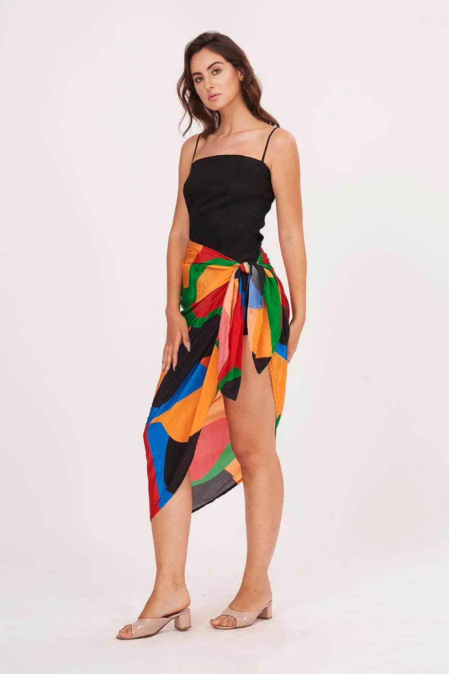 Black Strappy Dress With Printed Skirt Set
