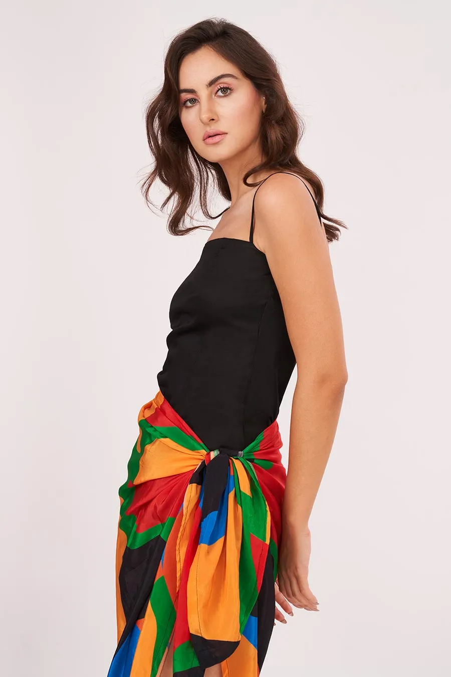 Black Strappy Dress With Printed Skirt Set