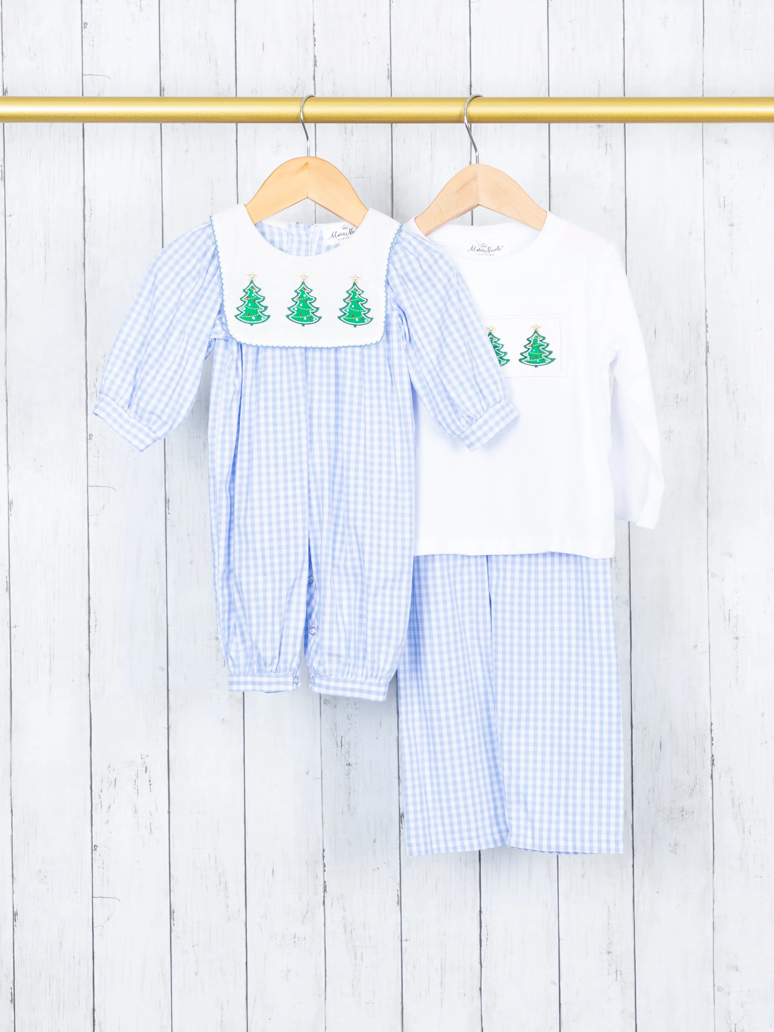 Blue Gingham Christmas Tree Smocked Outfit