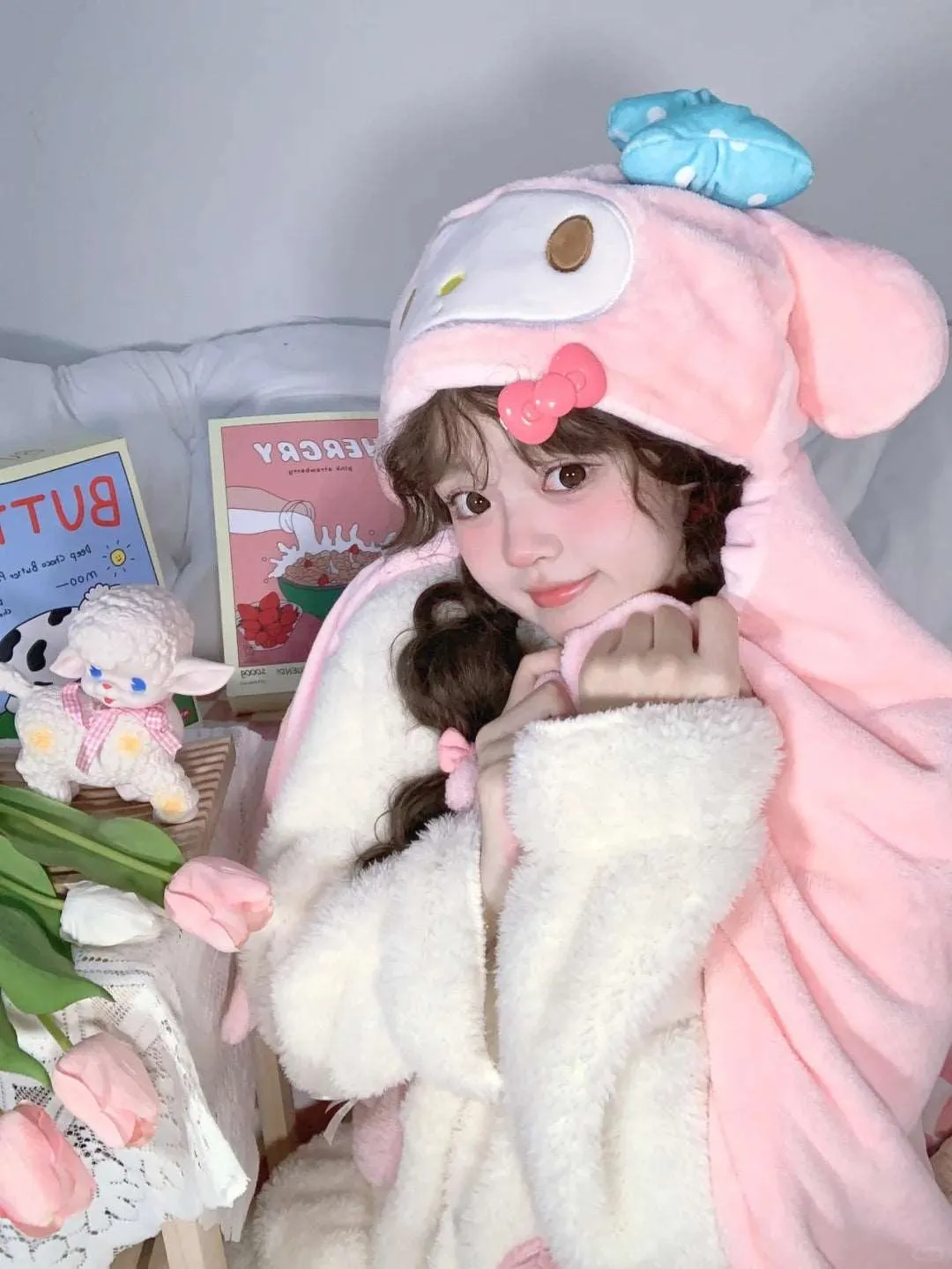 Cartoon Pink Kitty Melody Purple Devil CInnamon Dog Hooded Shawls Blanket Pajama Wrap