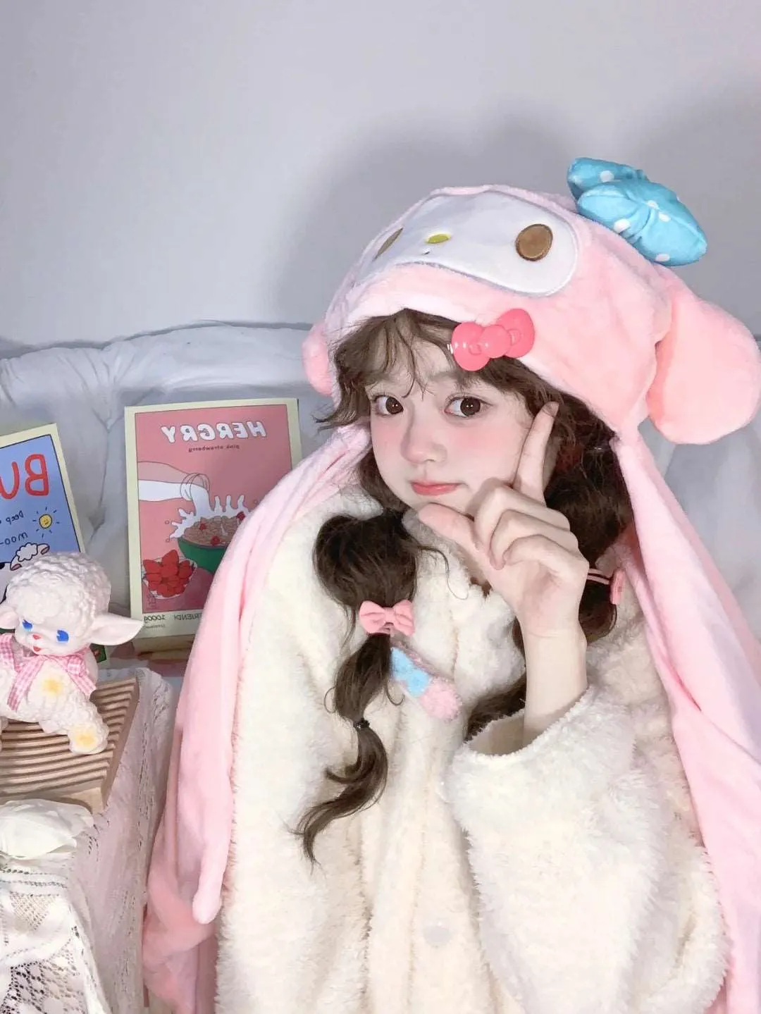 Cartoon Pink Kitty Melody Purple Devil CInnamon Dog Hooded Shawls Blanket Pajama Wrap