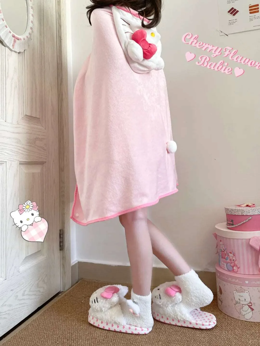 Cartoon Pink Kitty Melody Purple Devil CInnamon Dog Hooded Shawls Blanket Pajama Wrap