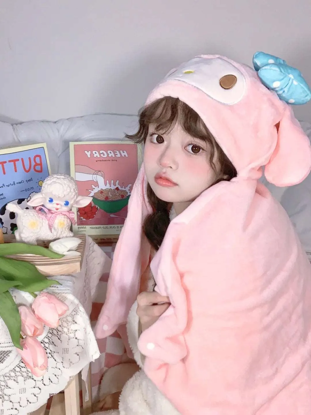 Cartoon Pink Kitty Melody Purple Devil CInnamon Dog Hooded Shawls Blanket Pajama Wrap
