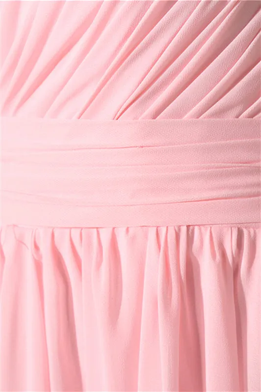 Chiffon Pink One Shoulder Long Bridesmaid Dresses
