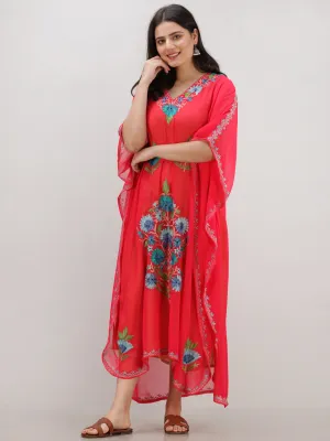 Coral Multicolor Aari Embroidered Kashmere Free Size Georgette Kaftan  - K12K003