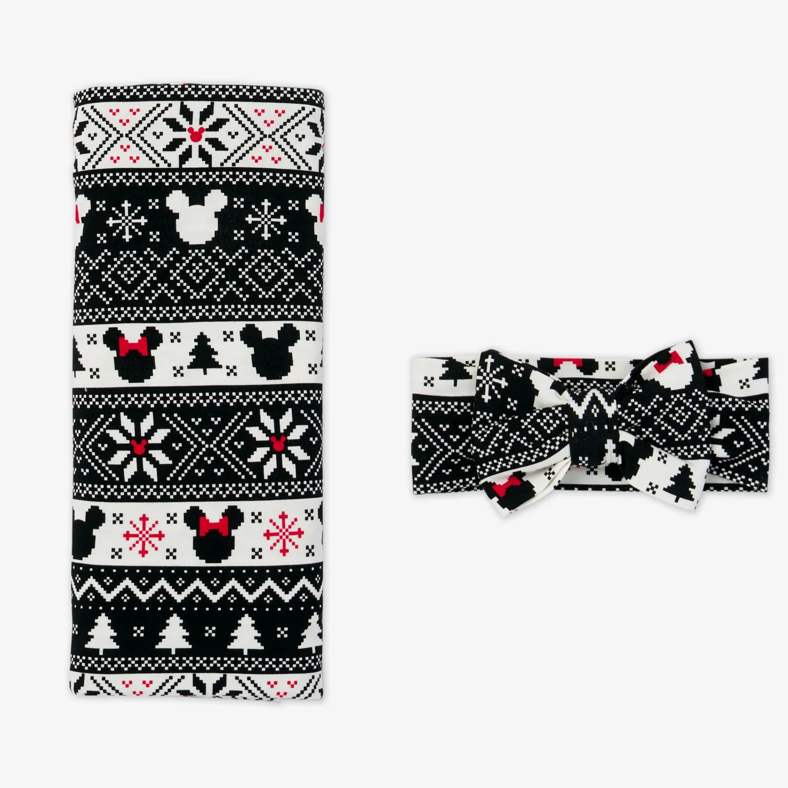 Disney Mickey Fair Isle Swaddle & Luxe Bow Headband Set