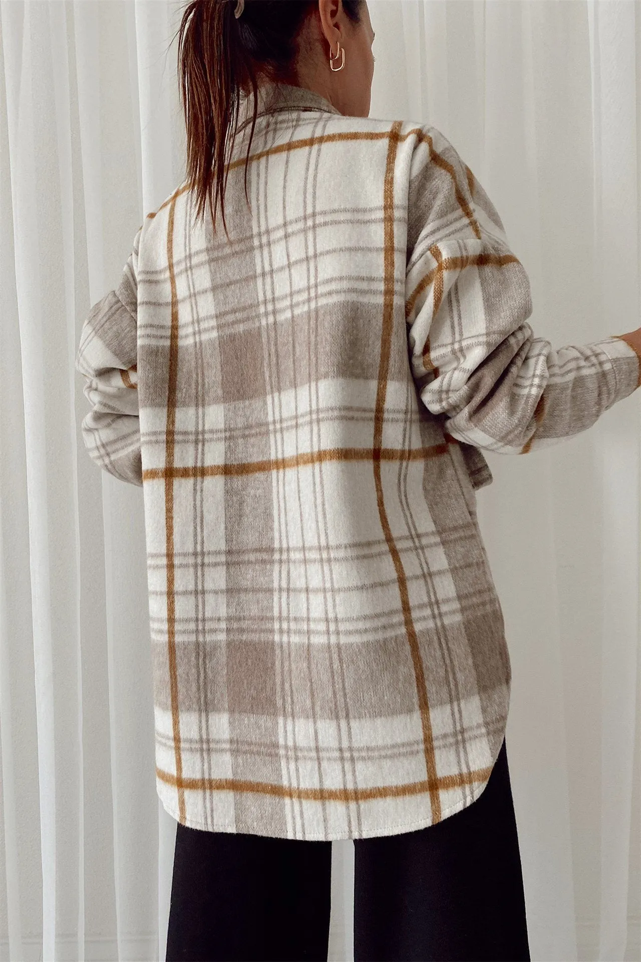 Fashion women's checked pocket mid-length jacket