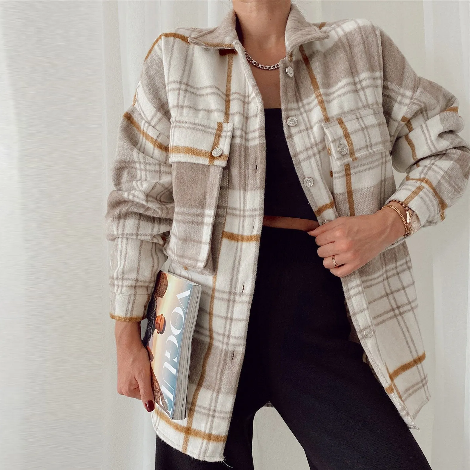 Fashion women's checked pocket mid-length jacket