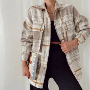 Fashion women's checked pocket mid-length jacket