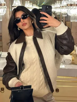 Fashionkova Unique Contrasting Leather Patchwork Lapel Short Jacket Fashion Long Sleeve Zipper Casual Coat 2024 Woman New Commuter Outerwear