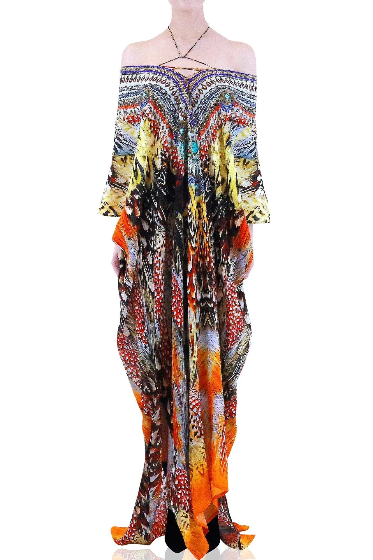 Feathers Long Kaftan Dress