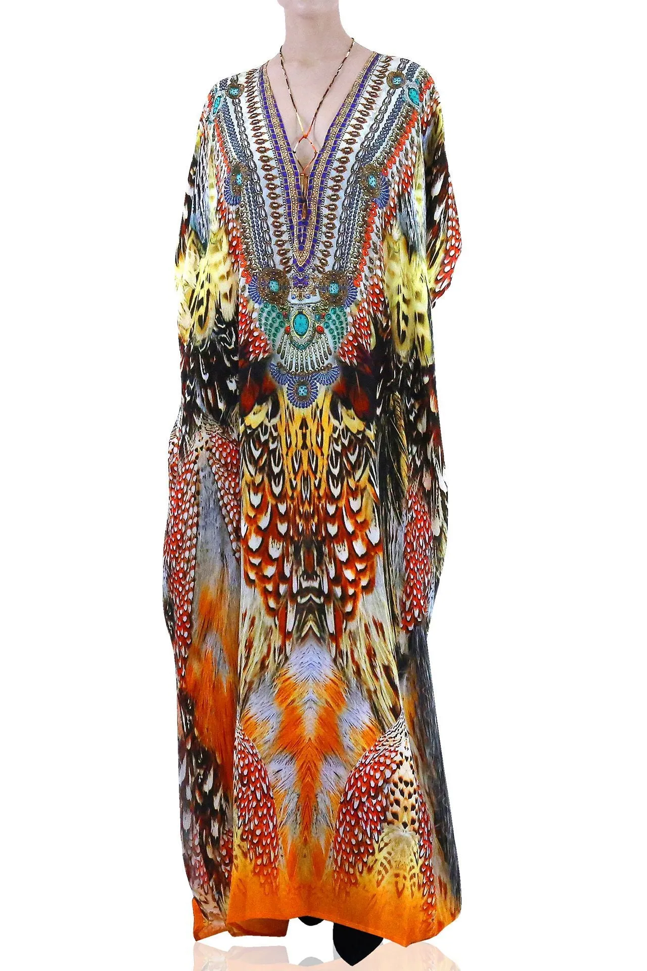 Feathers Long Kaftan Dress