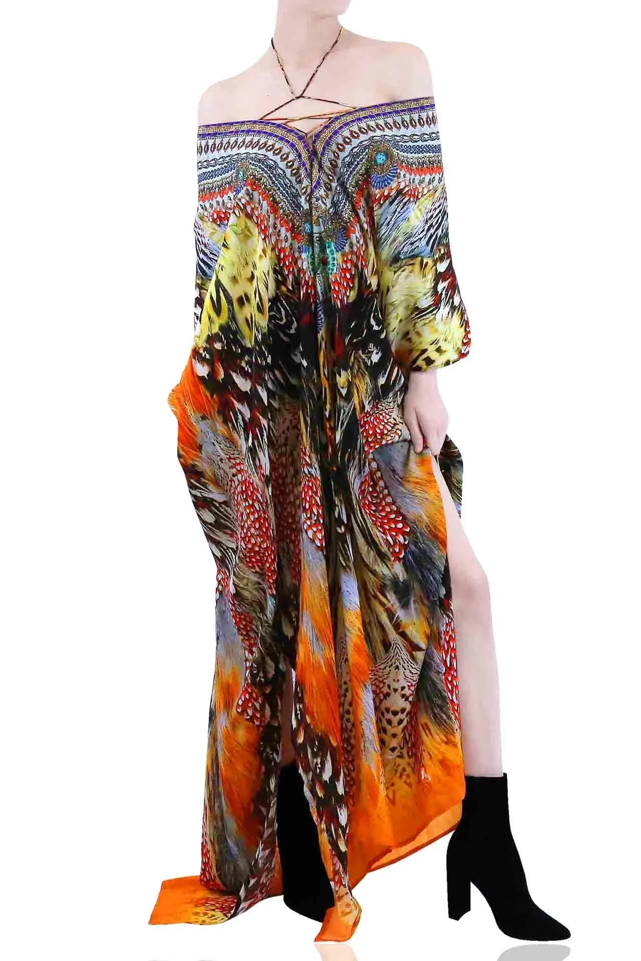 Feathers Long Kaftan Dress