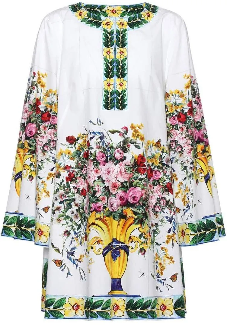 Floral & Vase Printed Short Kaftan Dress