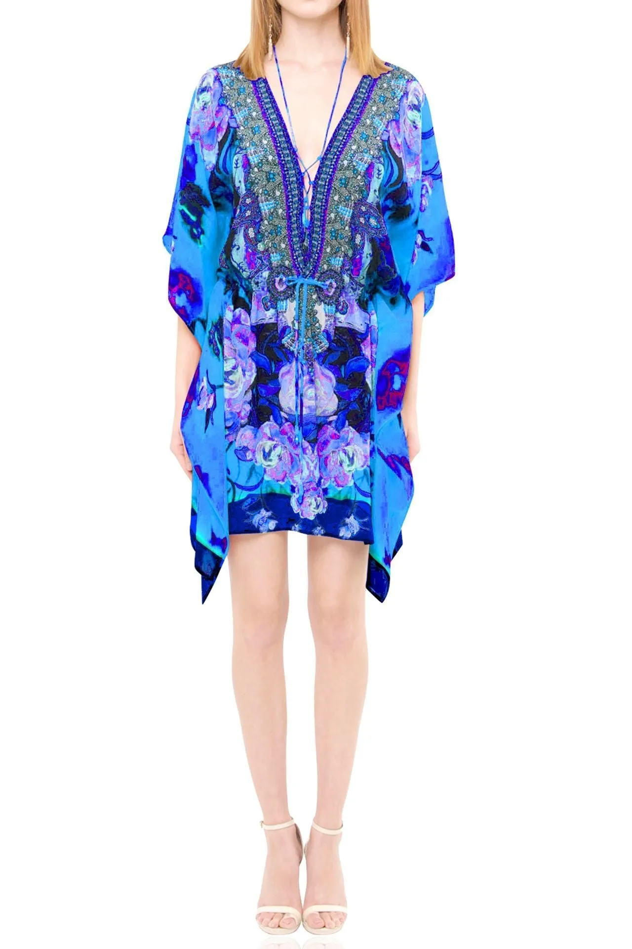 Floral Print Short Kaftan Blue Tunic Dress