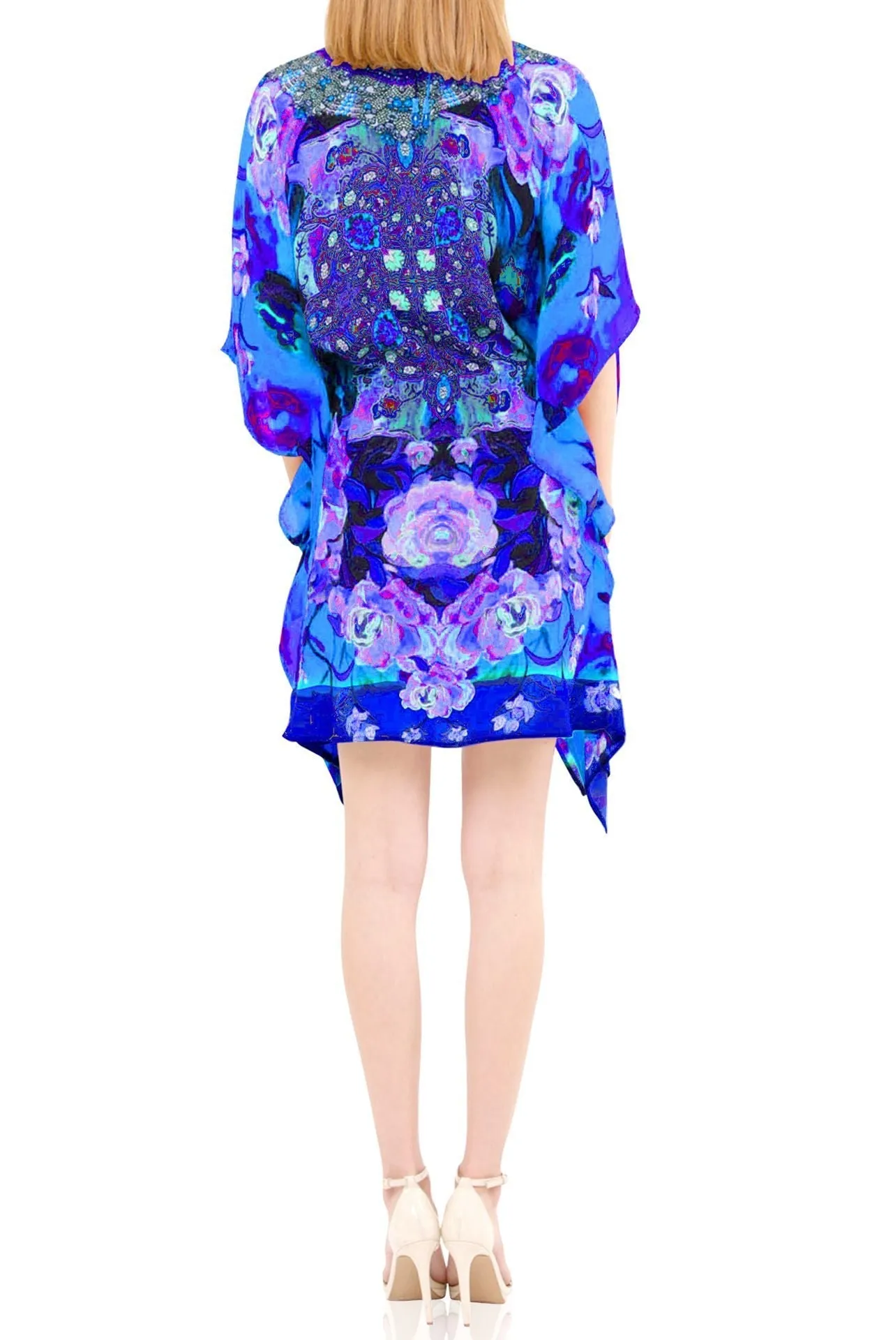 Floral Print Short Kaftan Blue Tunic Dress