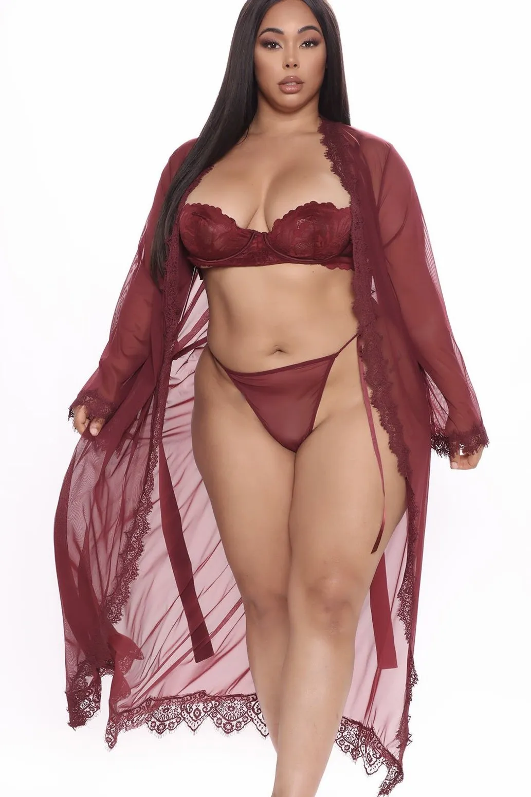 Gorgeous burgundy Eyelash Lace Floor Length Robe