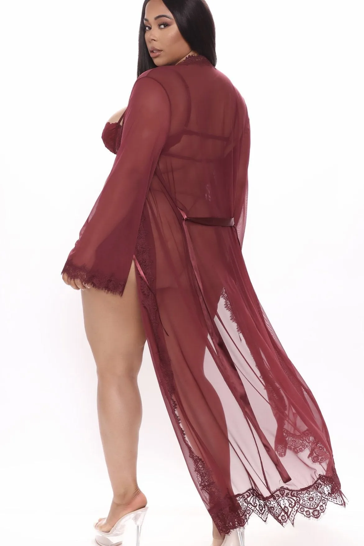 Gorgeous burgundy Eyelash Lace Floor Length Robe