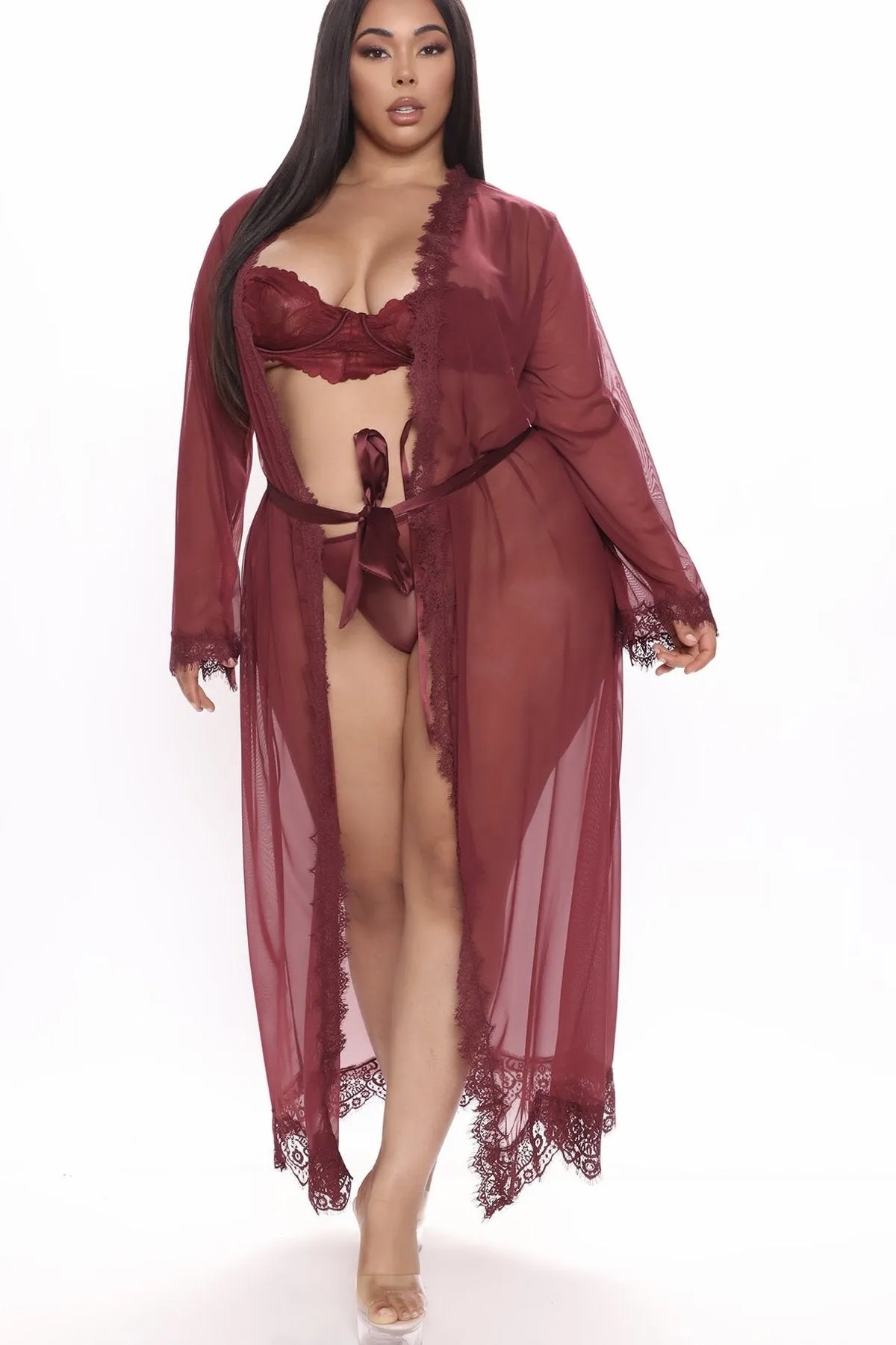 Gorgeous burgundy Eyelash Lace Floor Length Robe