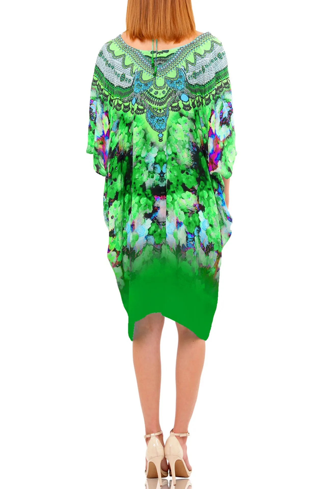 Green Flower Print Short Kaftan Dress