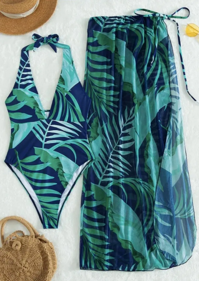 Green monokini with sarong