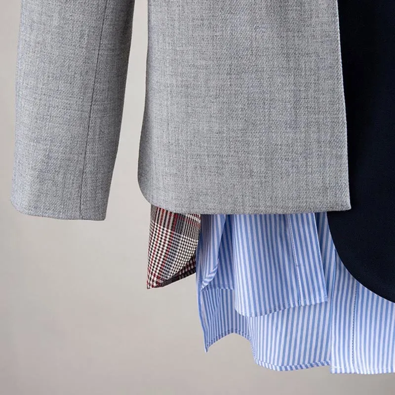 Irregular Striped Blazers For Women Notched Long Sleeve Patchwork Plaid Hit Color Coats