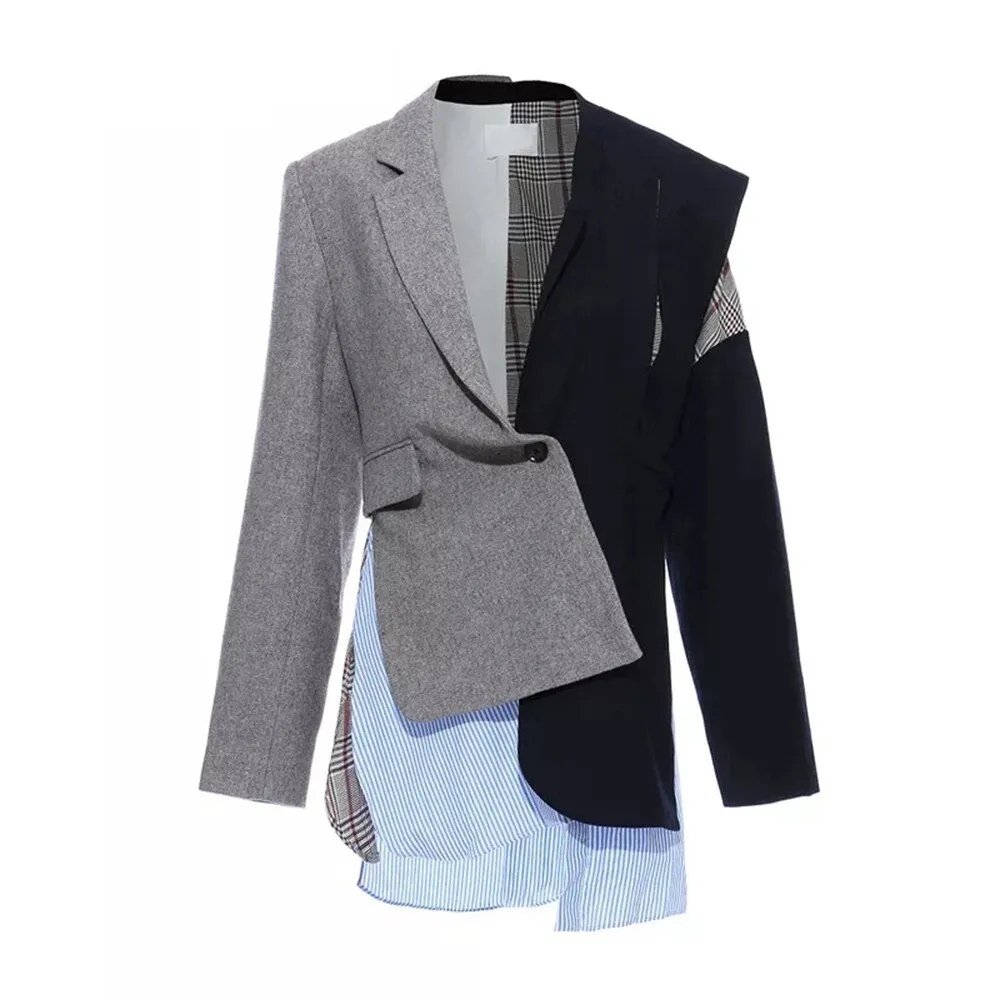 Irregular Striped Blazers For Women Notched Long Sleeve Patchwork Plaid Hit Color Coats
