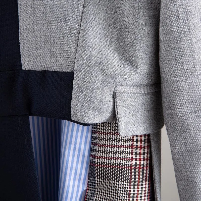 Irregular Striped Blazers For Women Notched Long Sleeve Patchwork Plaid Hit Color Coats