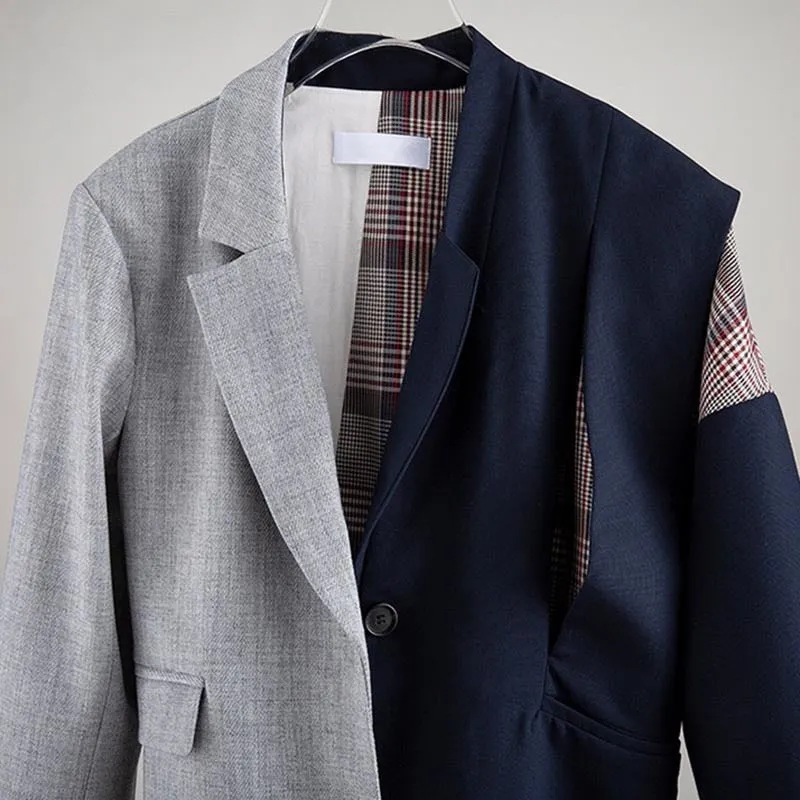 Irregular Striped Blazers For Women Notched Long Sleeve Patchwork Plaid Hit Color Coats