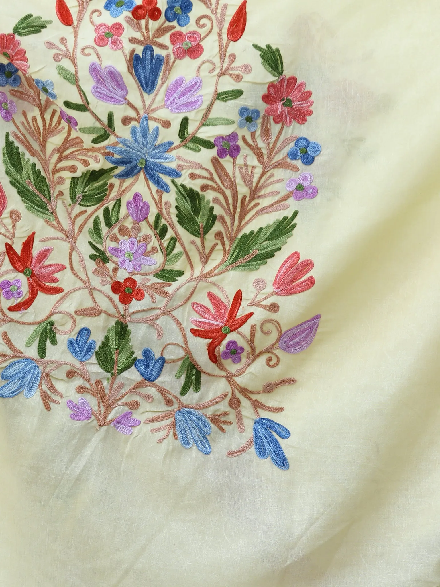 Ivory Aari Embroidered Kashmere Free Size Long Kaftan in Crushed Cotton - K11K058