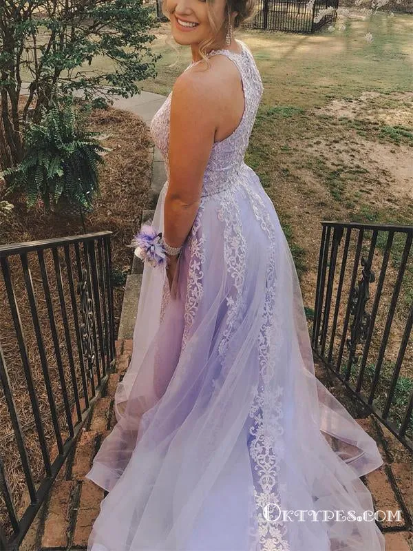 Jewel Neck Appliques Lavender Long Cheap Prom Dresses, TYP1892