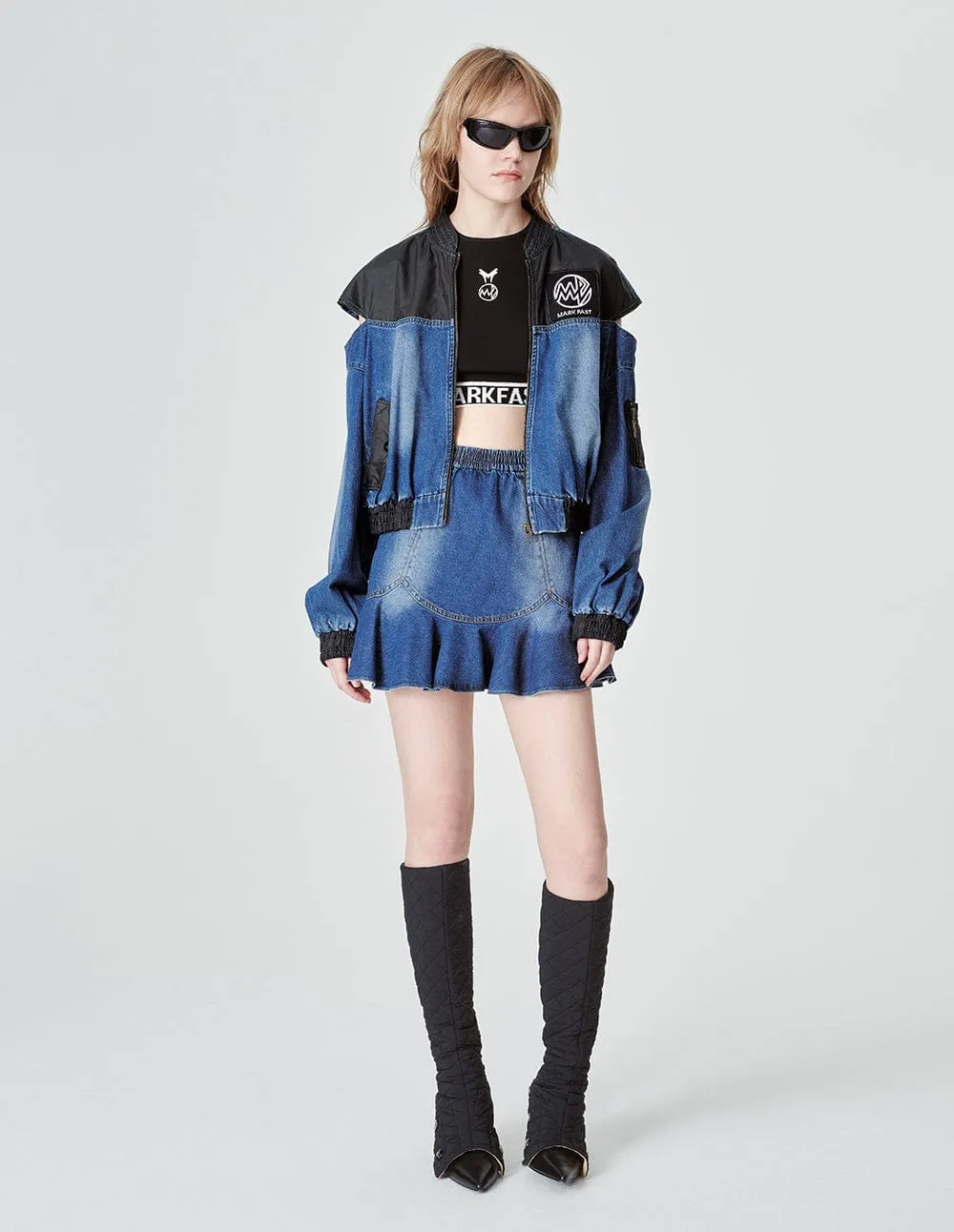 Ladies Baseball Collar Patched Denim Jacket