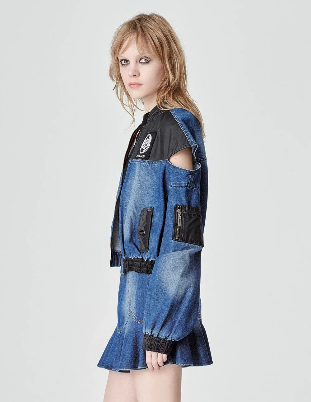 Ladies Baseball Collar Patched Denim Jacket