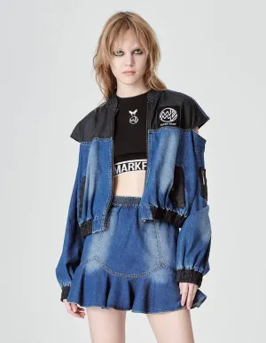 Ladies Baseball Collar Patched Denim Jacket