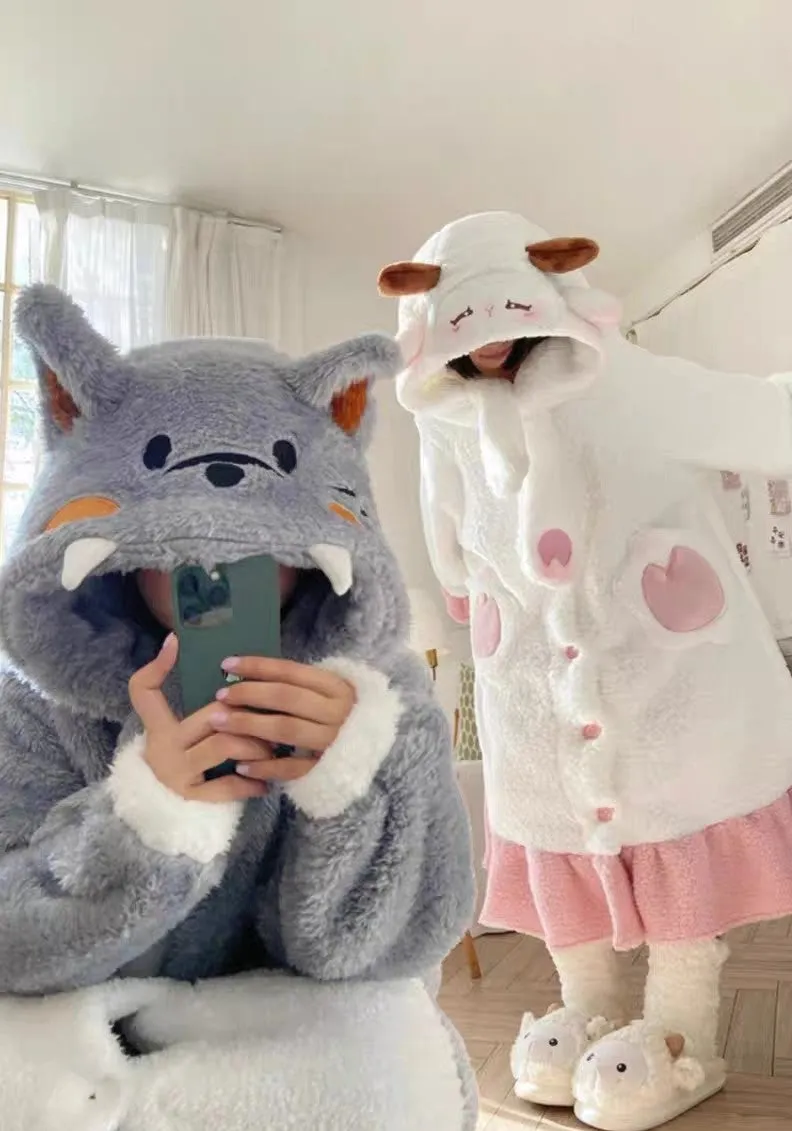 Little Sheep & Big Bad Wolf Ears Hooded Nightgown Long Bathrobe Pants Couple Pajamas Set