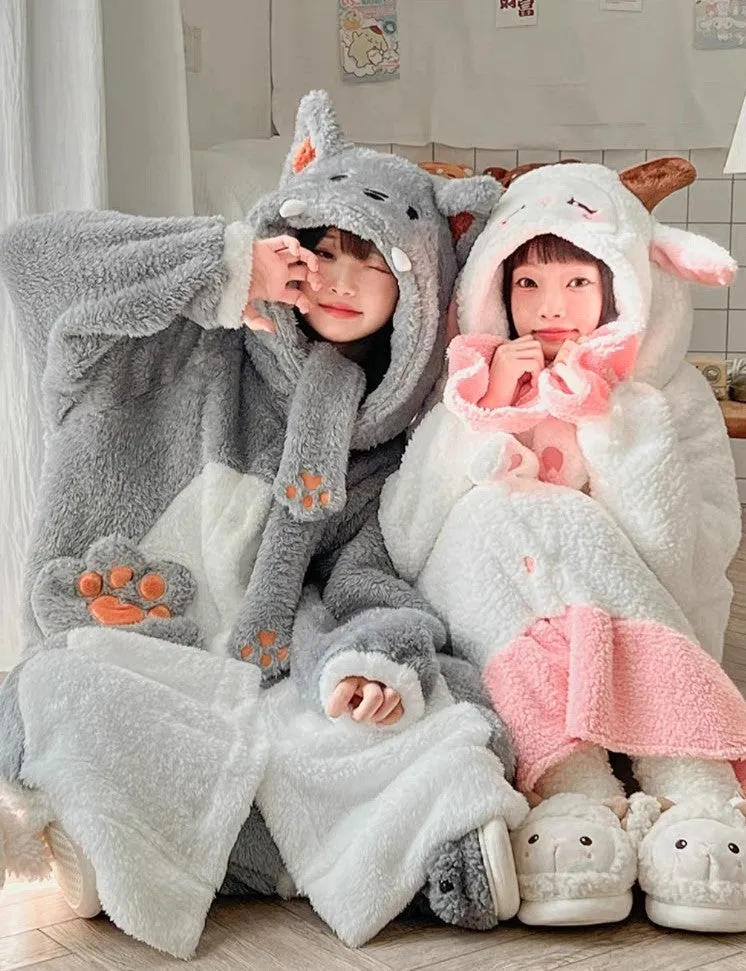 Little Sheep & Big Bad Wolf Ears Hooded Nightgown Long Bathrobe Pants Couple Pajamas Set