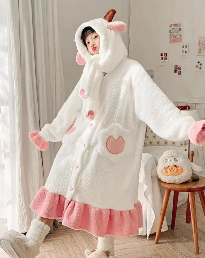 Little Sheep & Big Bad Wolf Ears Hooded Nightgown Long Bathrobe Pants Couple Pajamas Set