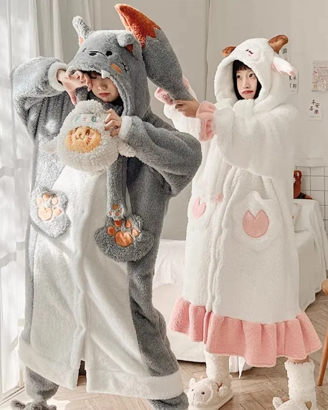 Little Sheep & Big Bad Wolf Ears Hooded Nightgown Long Bathrobe Pants Couple Pajamas Set