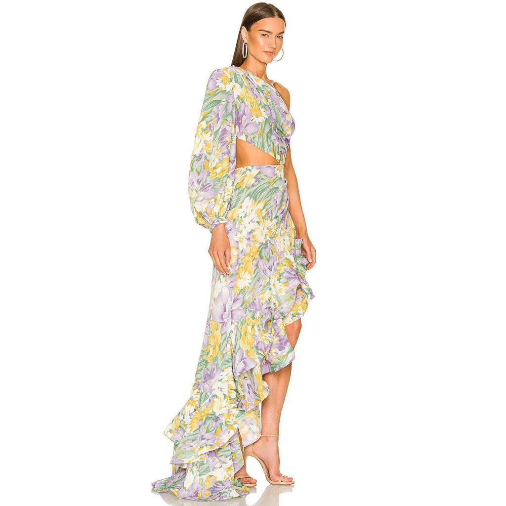 Luxury One Shoulder Cutout Satin Ruffle Floral Evening Dress - Purple