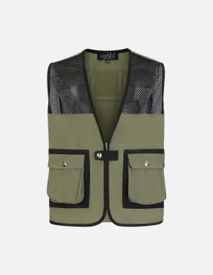 Men's Military Green V-Neck Patchwork Vest