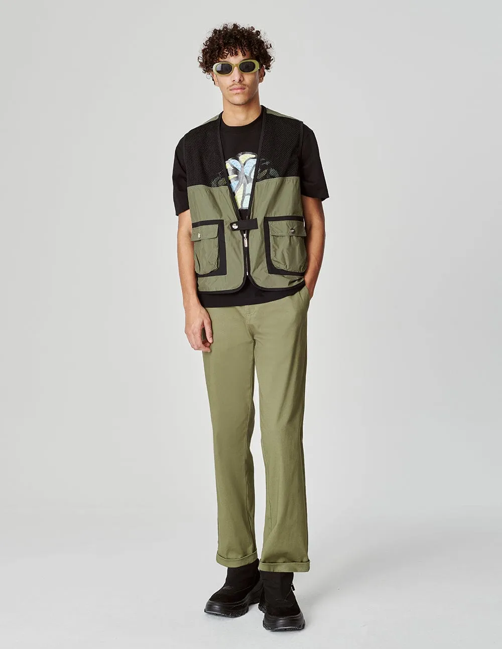 Men's Military Green V-Neck Patchwork Vest
