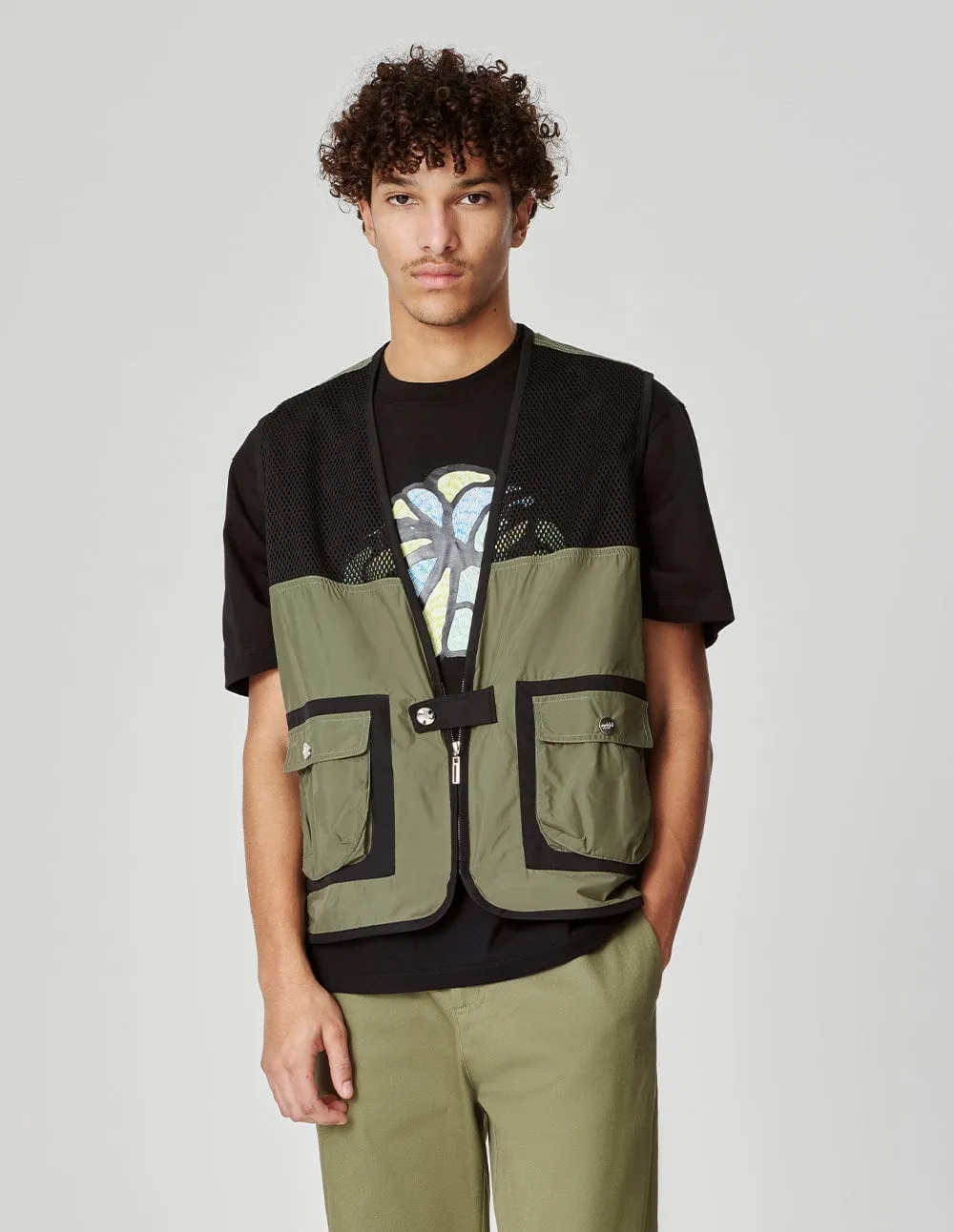 Men's Military Green V-Neck Patchwork Vest